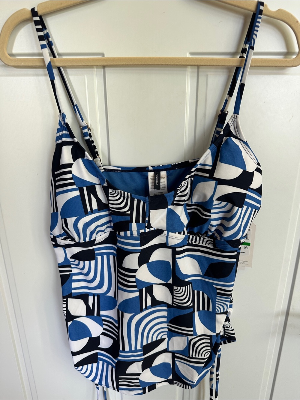 NWT Nautica Blue Black White Geometric Tankini Swim Top Adjustable Straps Large